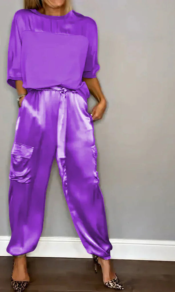 WW | Einfarbiges Satin Frauenbluse mit halben Ärmeln und Hose Zweiteiliges Anzug mit Bluse und Hose