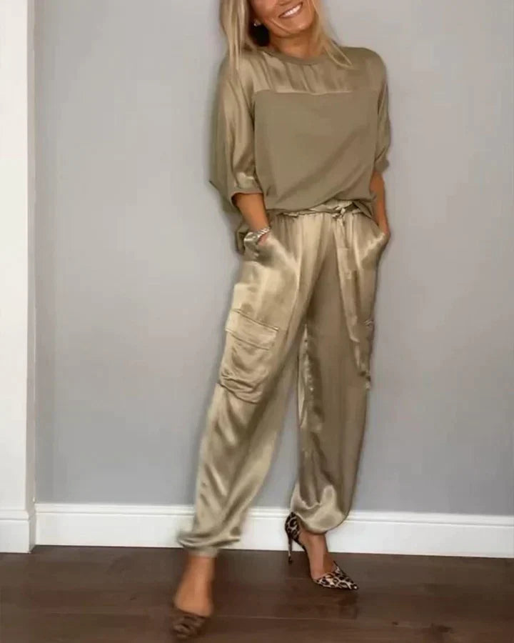 WW | Einfarbiges Satin Frauenbluse mit halben Ärmeln und Hose Zweiteiliges Anzug mit Bluse und Hose