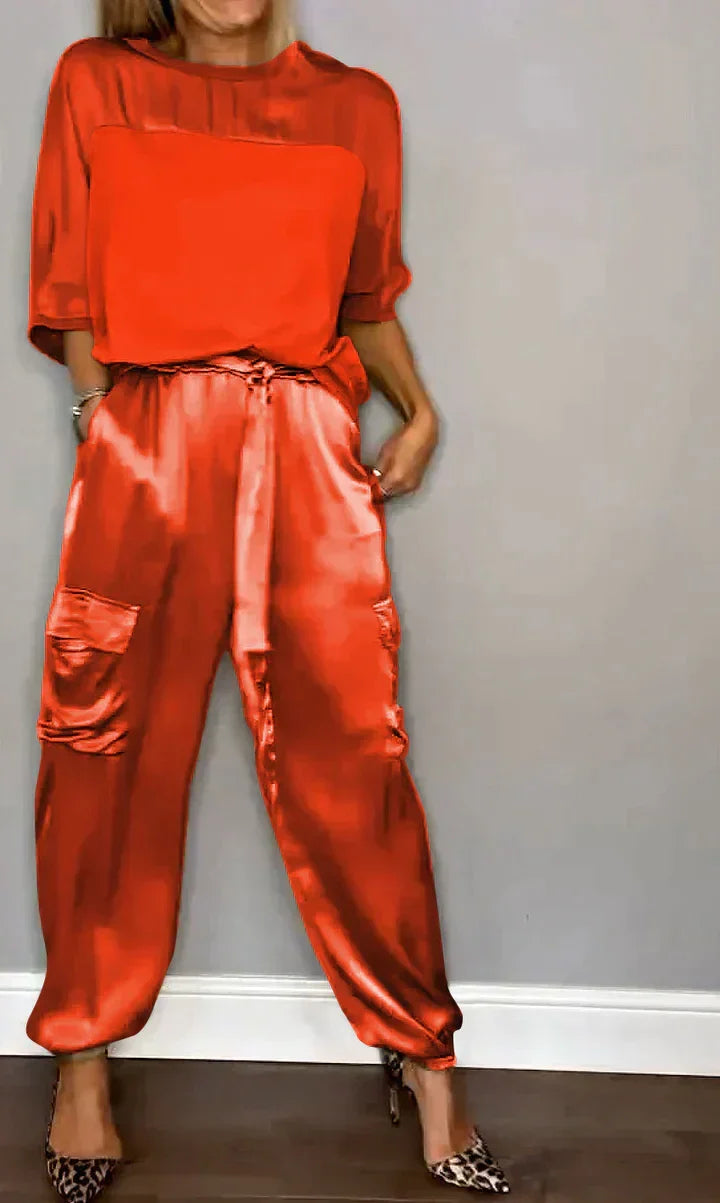 Damen Satin-Set mit Oberteil und Hose
