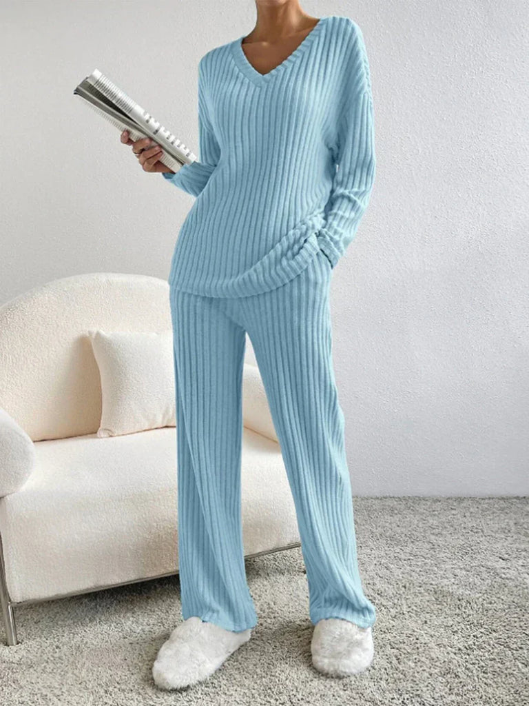 WW | Schickes und Stilvolles Herbst V-Ausschnitt Rippen Lounge Set für Damen