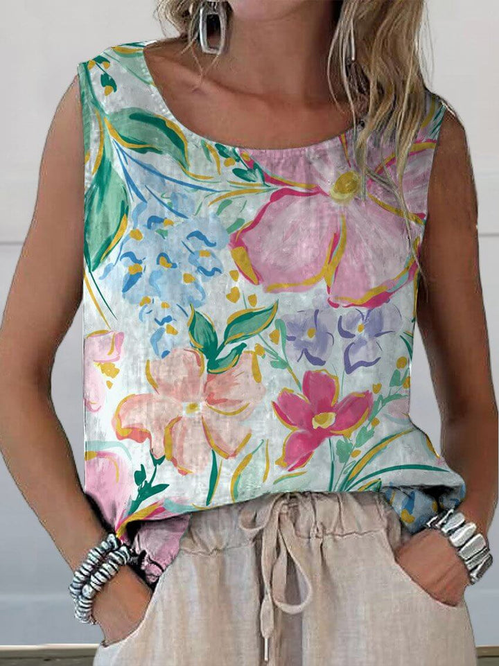 W&W Mode | Schöner Floral Art Print Baumwolle und Leinen Tanktop