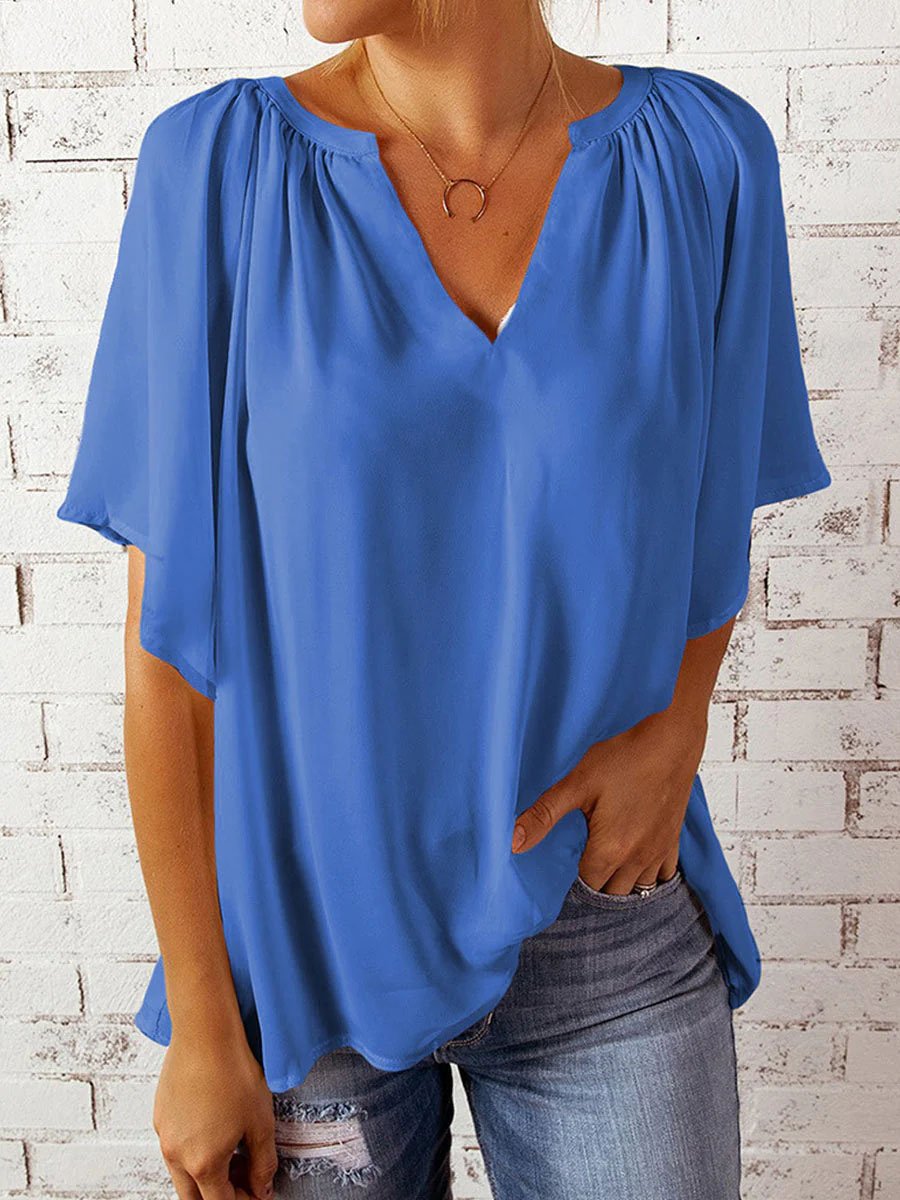 WW | Casual V Neck Loose Chiffon Tunika Bluse mit Falten