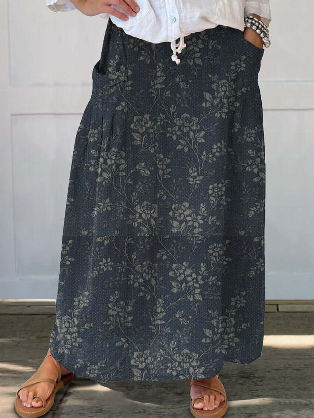 WW | Vintage Blumen Leinen Elastischer Taillenbund Rock mit Taschen