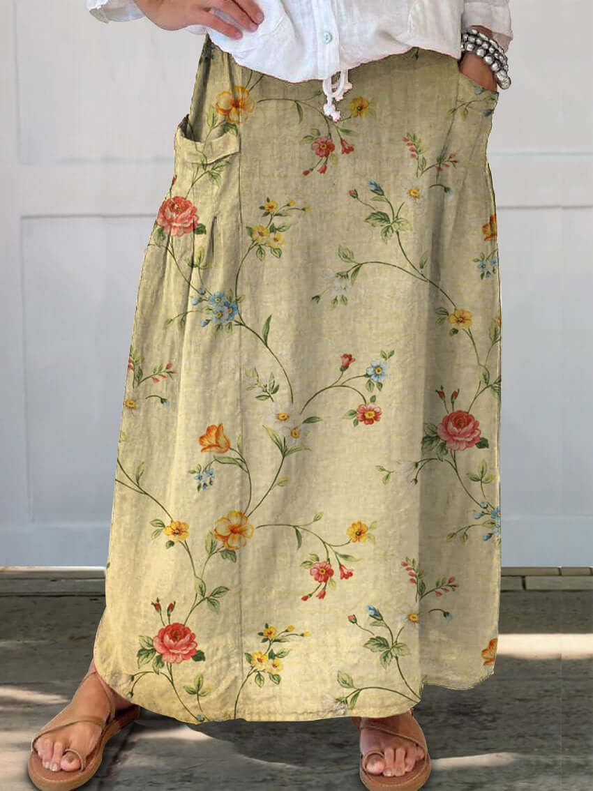 WW | Retro Elegante Florale Kunst Leinen Elastischer Taillenbund Taschenrock