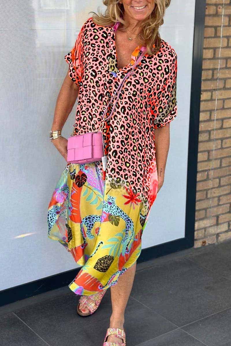 Damen Freizeitkleid mit Leopardenmuster und kurzen Ärmeln