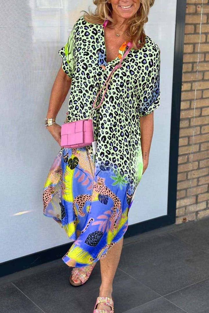 Damen Freizeitkleid mit Leopardenmuster und kurzen Ärmeln