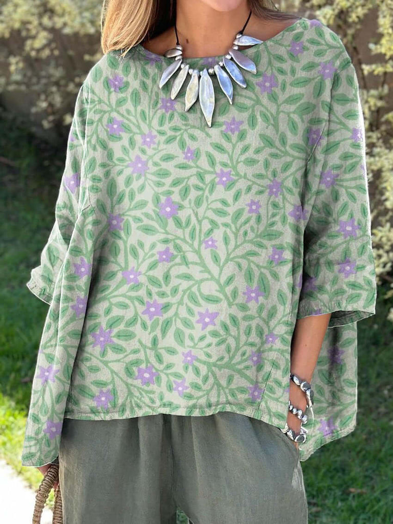 WW | Schöne Floral Kunstdruck Bequem Baumwolle Und Leinen Hemd