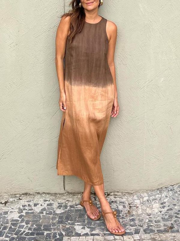 WW | Luftiges Baumwoll Leinen Kleid Mit Farbverlauf Und Schlitz in Den Beinen
