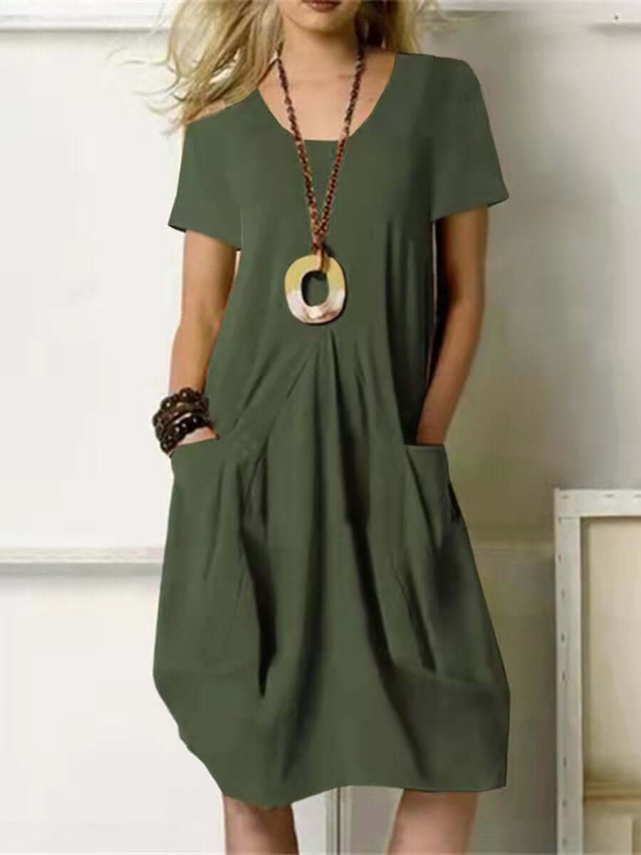WW | Rundhals Baumwoll-Leinen Freizeitkleid