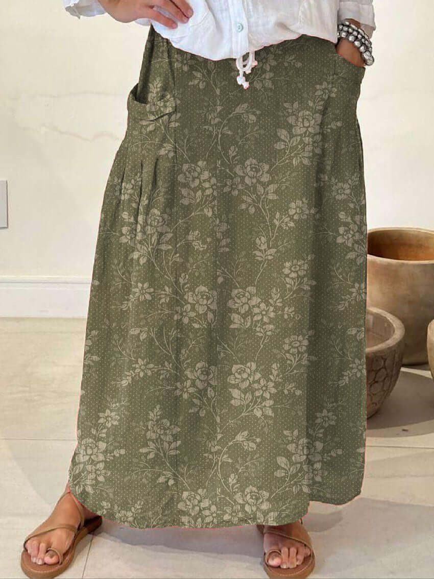 WW | Vintage Blumen Leinen Elastischer Taillenbund Rock mit Taschen