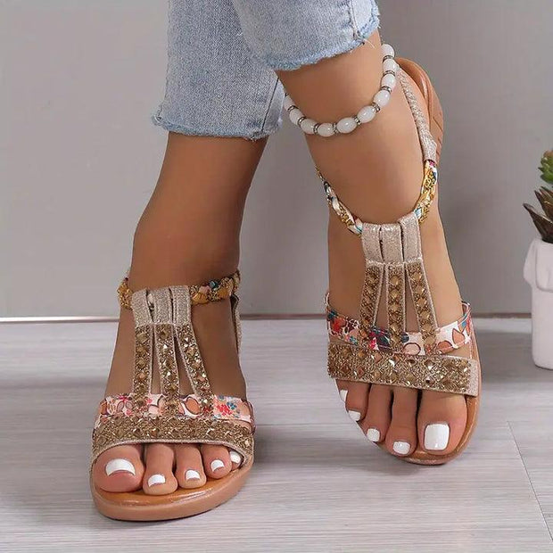 WW | Boho Keilabsatz Sandalen Mit Geflochtenem Riemen Und Strasssteinen Für Frauen