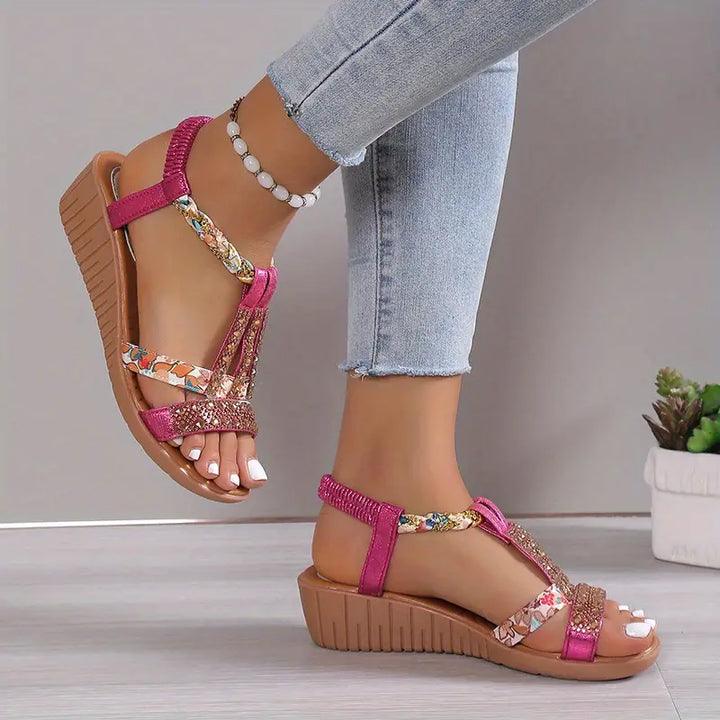 W&W Mode | Boho Keilabsatz Sandalen Mit Geflochtenem Riemen Und Strasssteinen Für Frauen