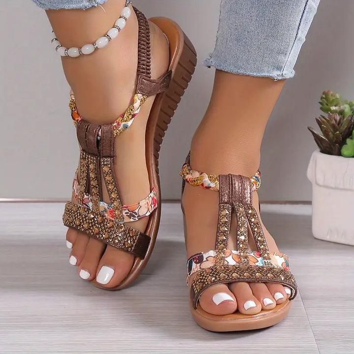 WW | Boho Keilabsatz Sandalen Mit Geflochtenem Riemen Und Strasssteinen Für Frauen