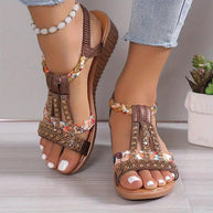 WW | Boho Keilabsatz Sandalen Mit Geflochtenem Riemen Und Strasssteinen Für Frauen