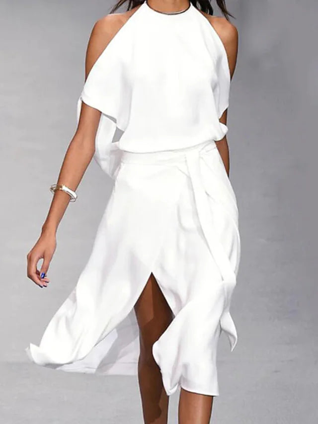 WW | Midi Kleid Off Shoulder Wickelstil Mit Frontschlitz Elegante Fließende Passform