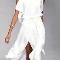 WW | Midi Kleid Off Shoulder Wickelstil Mit Frontschlitz Elegante Fließende Passform