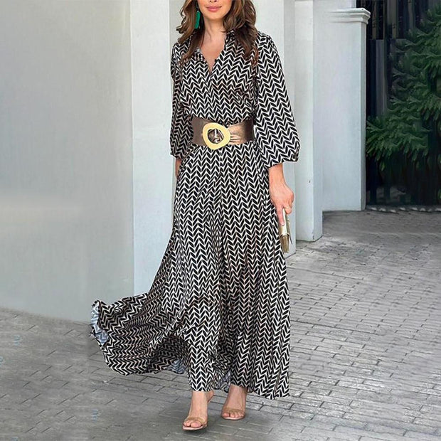WW Maxi-Kleid | Elegantes modernes Damenkleid in A-Linie mit langen Ärmeln und Gürtel