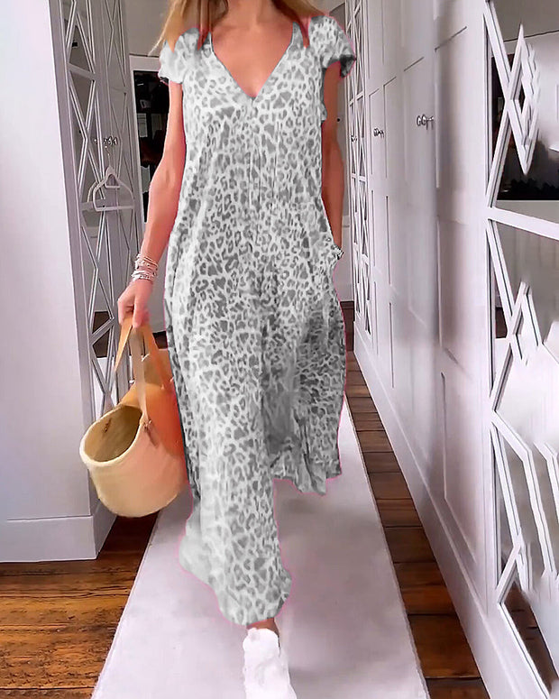 WW | Stilvolles, Bequemes, Bedrucktes Langes Kleid Mit V-Ausschnitt