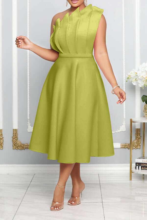 W&W Mode | One Shoulder Midi Kleid Elegante A-linie Passform Skulpturierte Details Festliche Kleidung