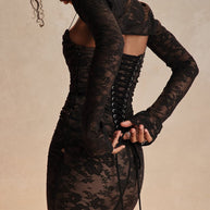 WW - Damen Elegantes Spitzen-Korsett-Bodycon-Kleid mit Schnür-Taille