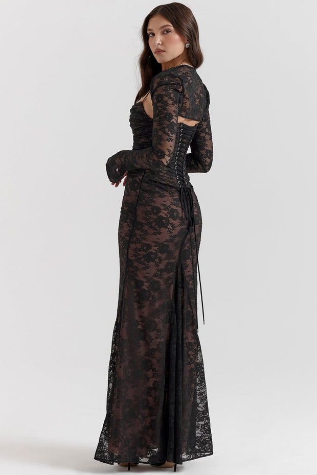 WW - Damen Elegantes Spitzen-Korsett-Bodycon-Kleid mit Schnür-Taille