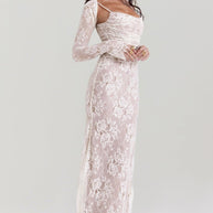 WW - Damen Elegantes Spitzen-Korsett-Bodycon-Kleid mit Schnür-Taille