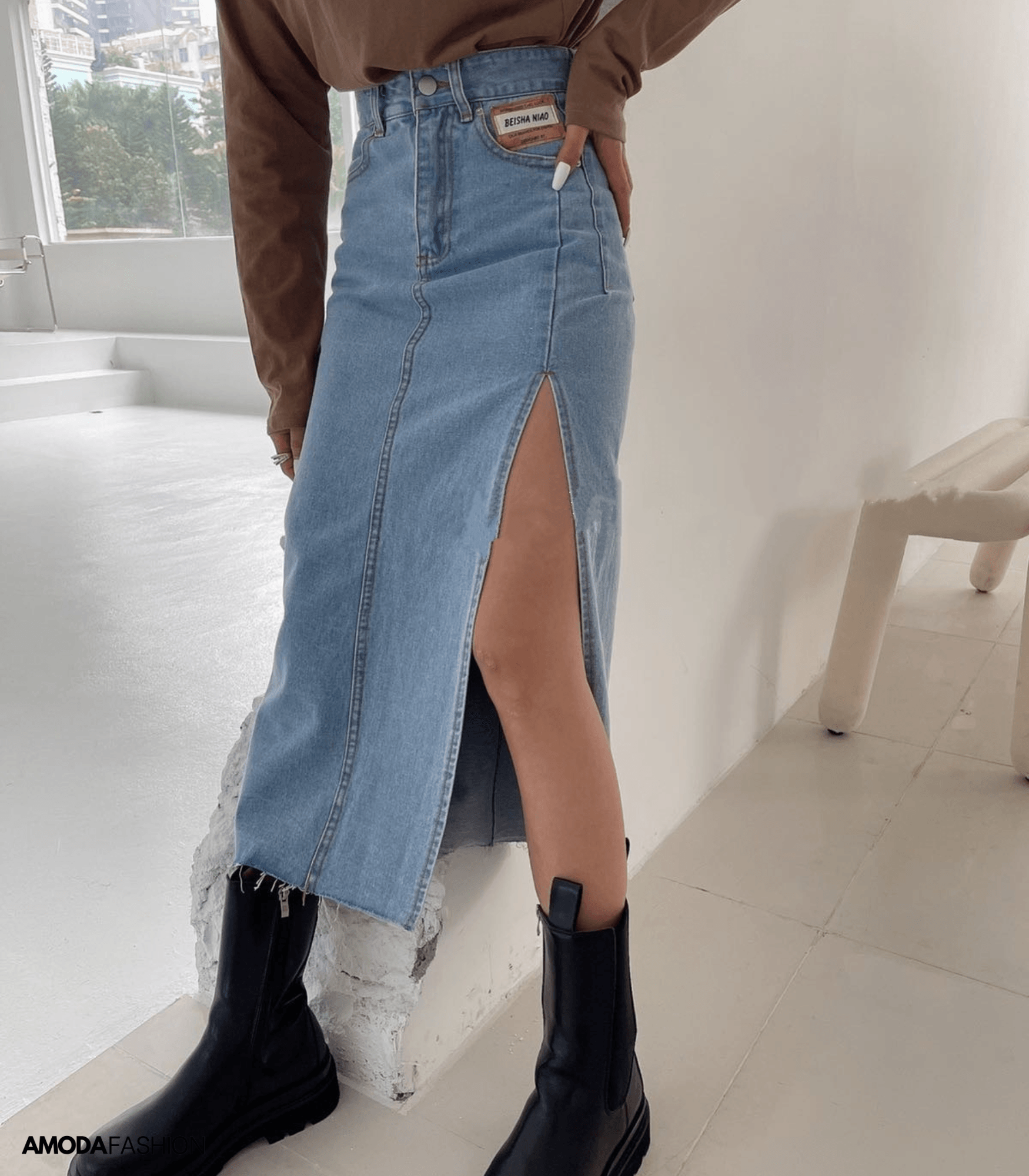 WW | Langer Bleistift-Denimrock mit Seitenschlitz