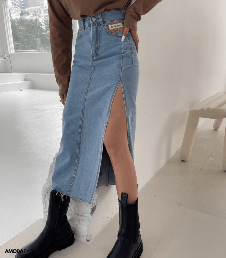 W&W Mode | Langer Bleistift-Denimrock mit Seitenschlitz