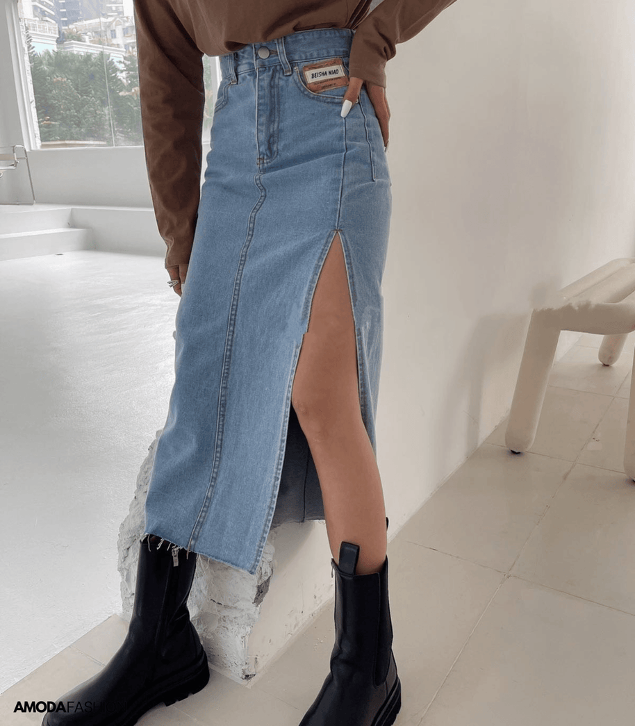 WW | Langer Bleistift-Denimrock mit Seitenschlitz