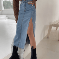 WW | Langer Bleistift-Denimrock mit Seitenschlitz
