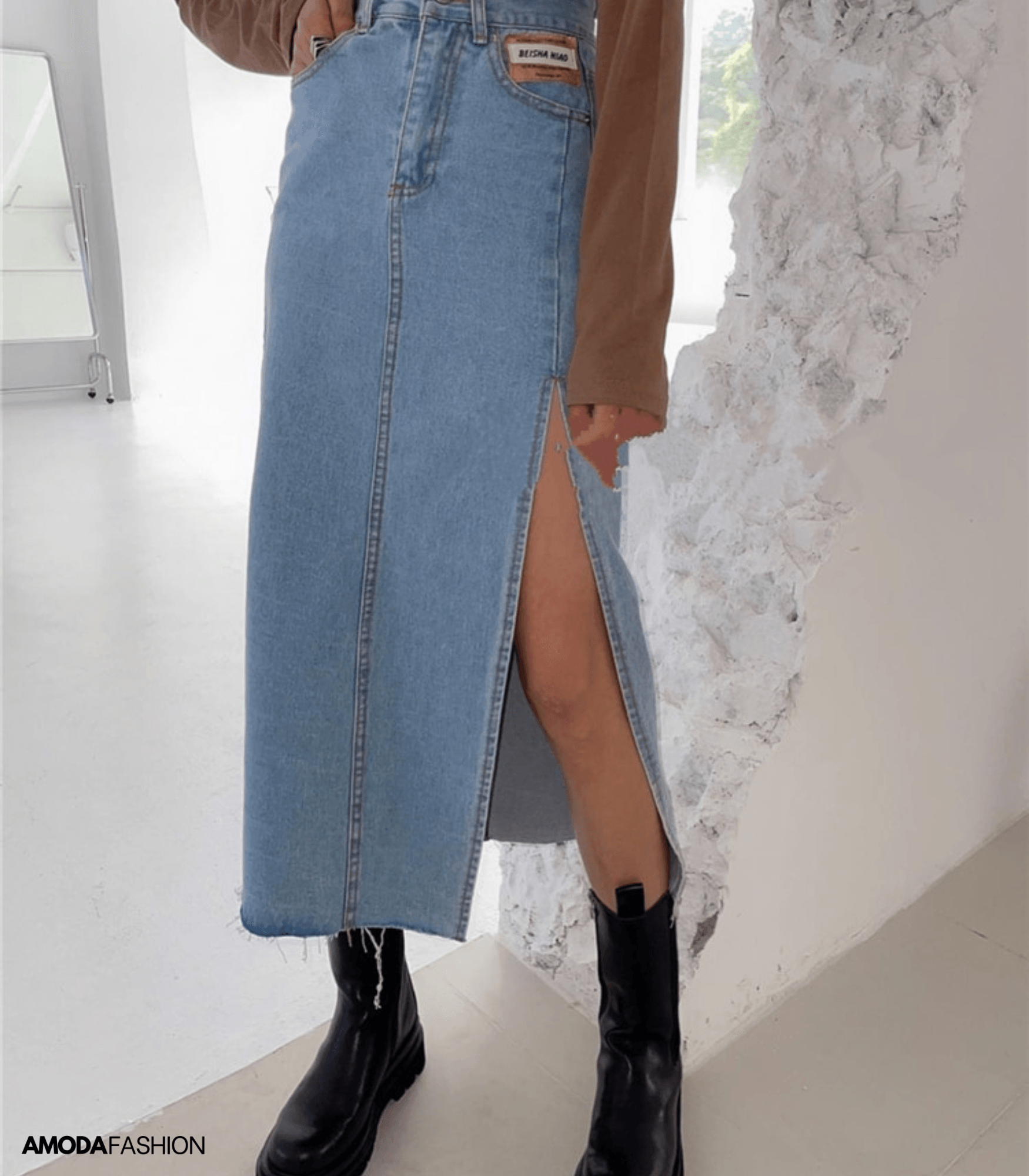 WW | Langer Bleistift-Denimrock mit Seitenschlitz