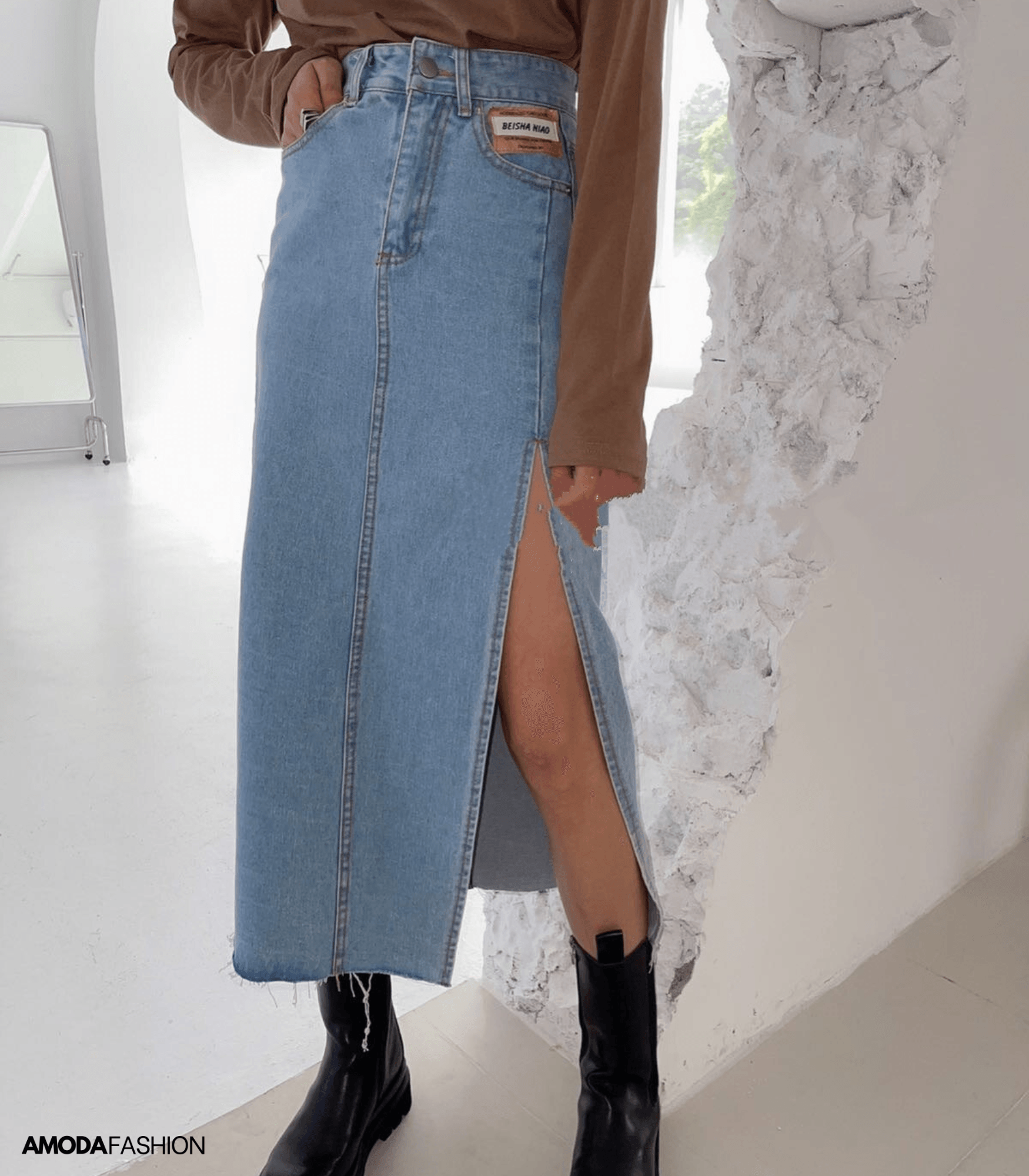 WW | Langer Bleistift-Denimrock mit Seitenschlitz