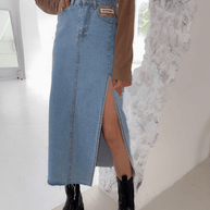 WW | Langer Bleistift-Denimrock mit Seitenschlitz