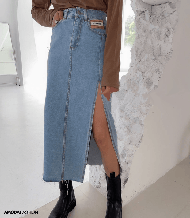 WW | Langer Bleistift-Denimrock mit Seitenschlitz