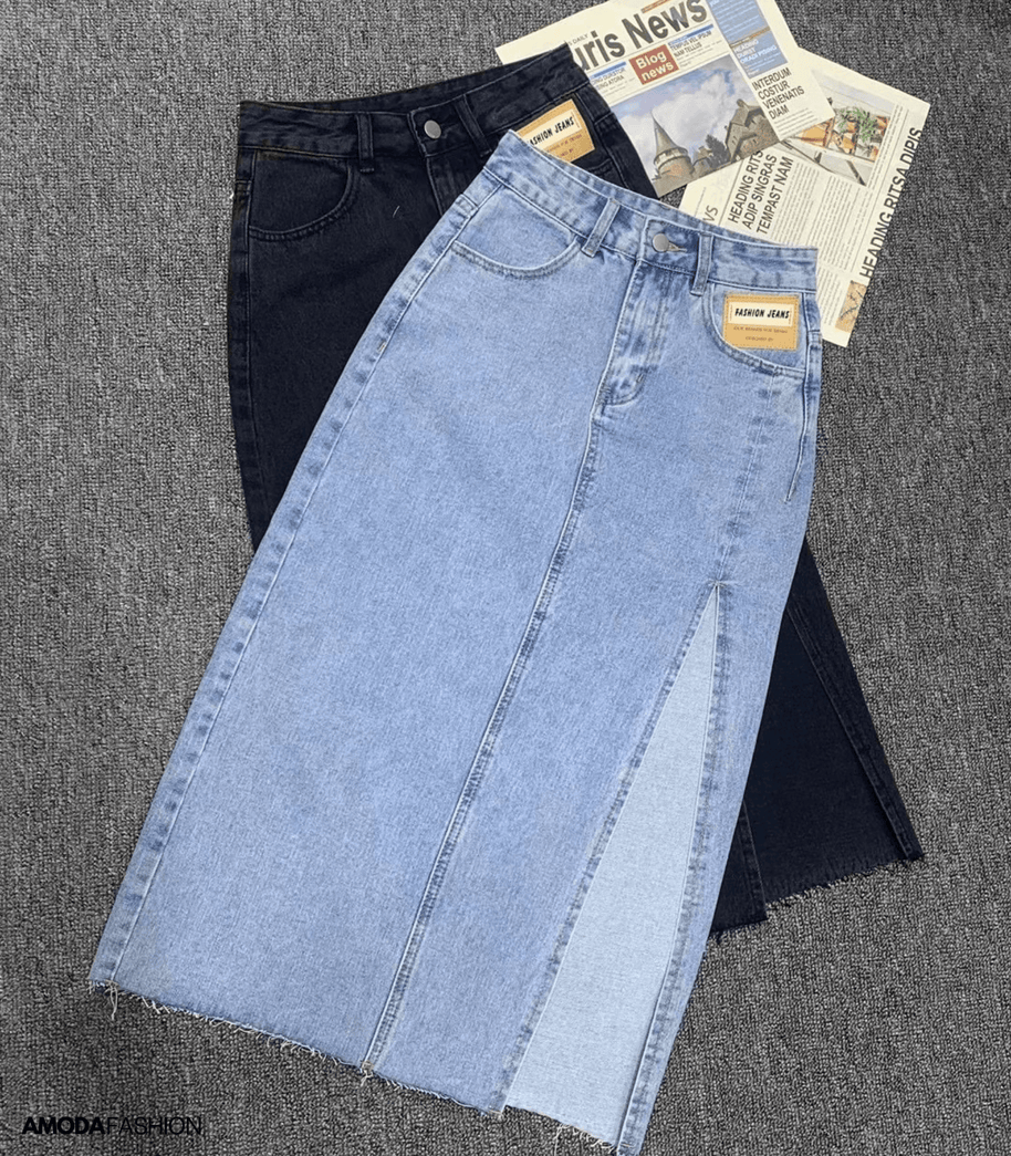 WW | Langer Bleistift-Denimrock mit Seitenschlitz