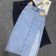 WW | Langer Bleistift-Denimrock mit Seitenschlitz