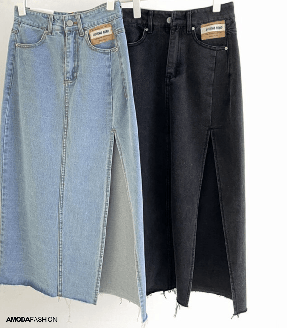 WW | Langer Bleistift-Denimrock mit Seitenschlitz