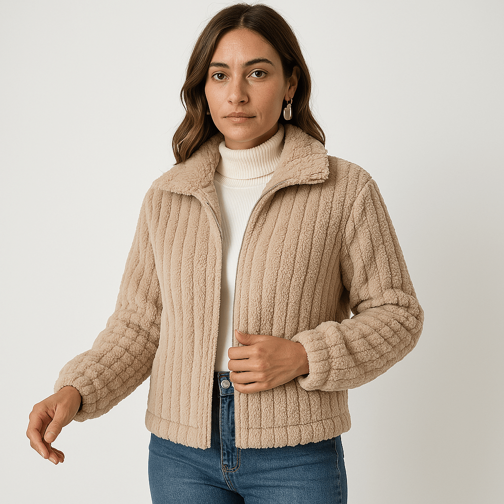 WW | Weste Strukturierte Warme Beigefarbene Rippstrickjacke Moderne Kurze Schnitt