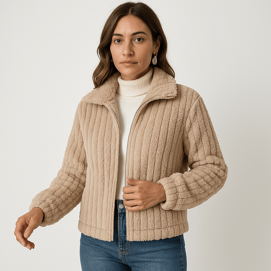 WW | Weste Strukturierte Warme Beigefarbene Rippstrickjacke Moderne Kurze Schnitt