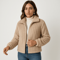 WW | Weste Strukturierte Warme Beigefarbene Rippstrickjacke Moderne Kurze Schnitt