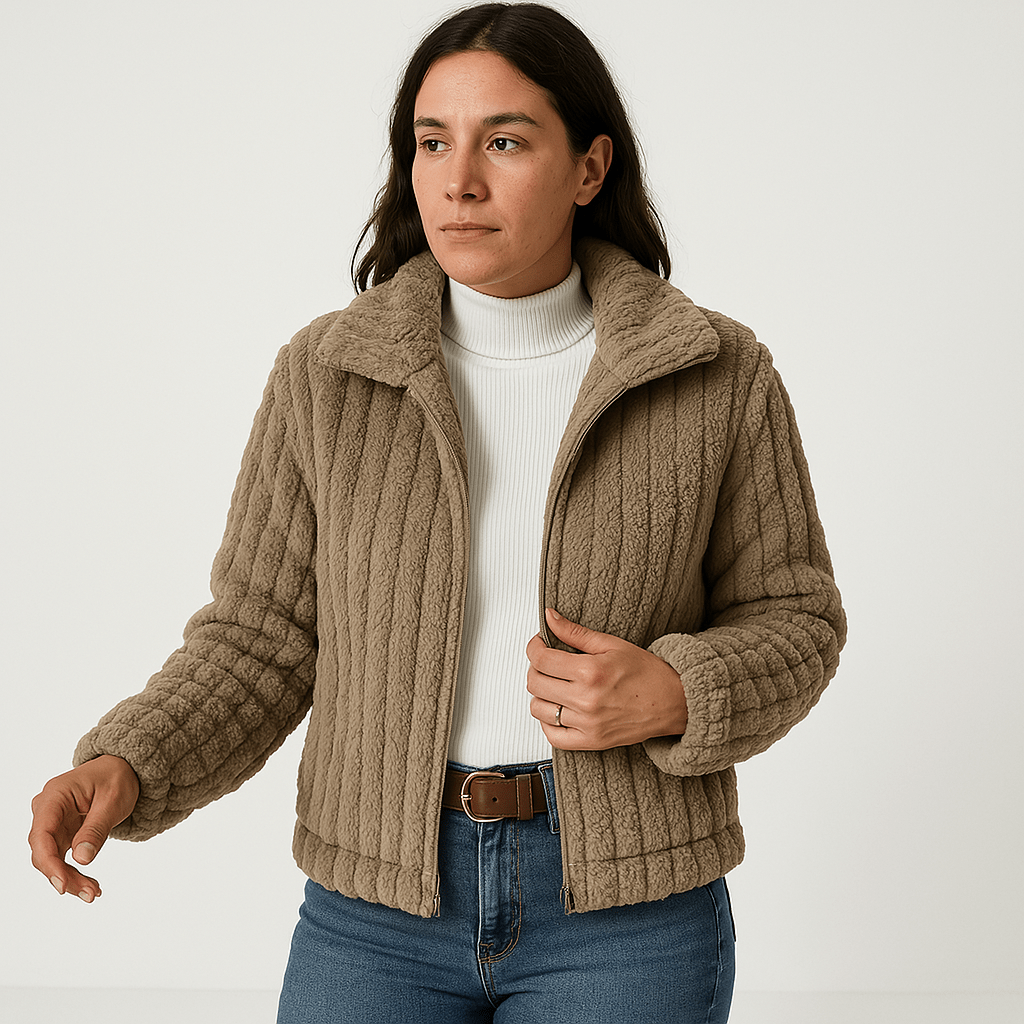 WW | Weste Strukturierte Warme Beigefarbene Rippstrickjacke Moderne Kurze Schnitt