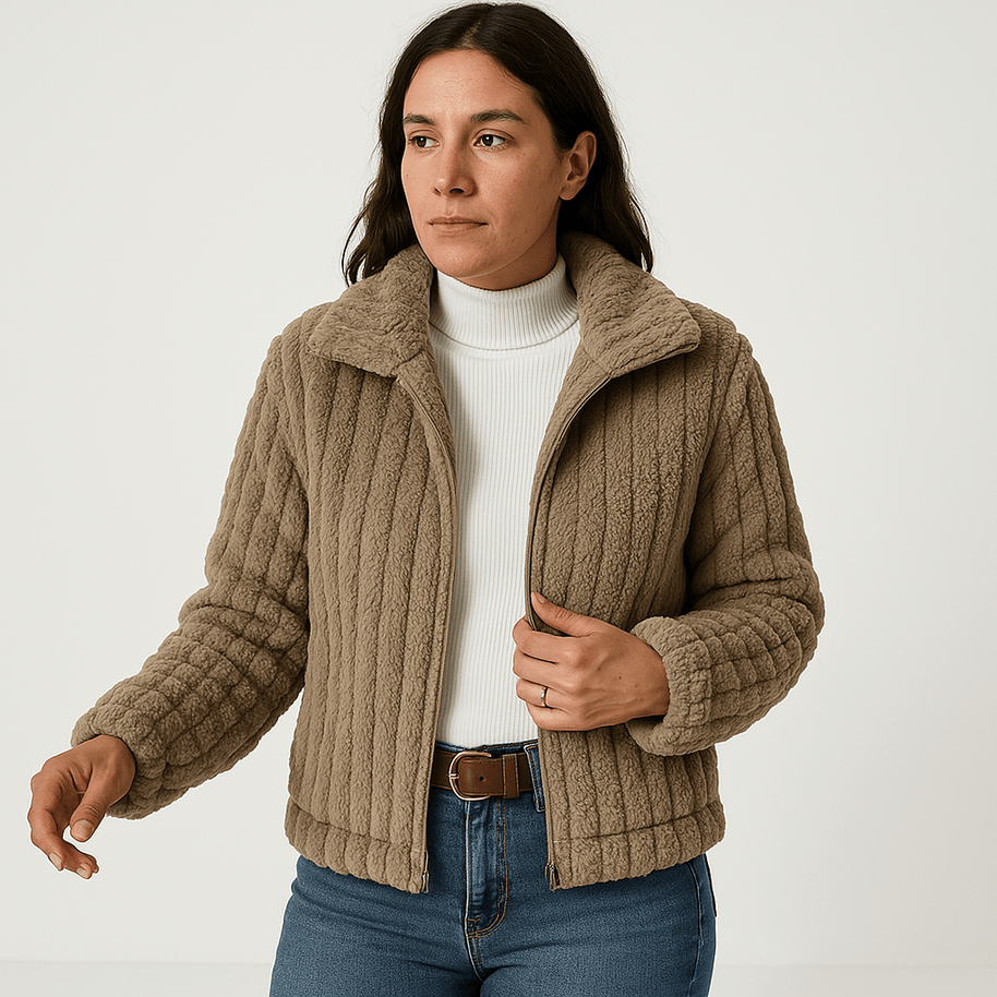 WW | Weste Strukturierte Warme Beigefarbene Rippstrickjacke Moderne Kurze Schnitt