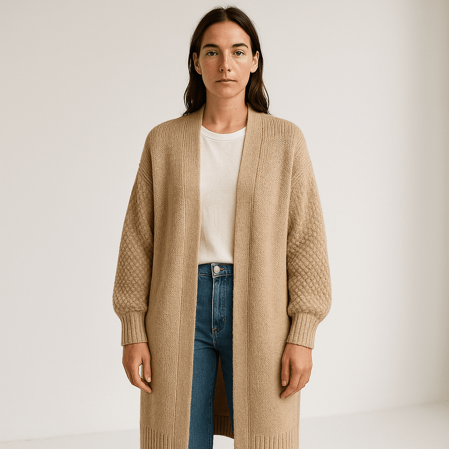 WW | Lange Beigefarbene Leichte und Offene Elegante Freizeitjacke