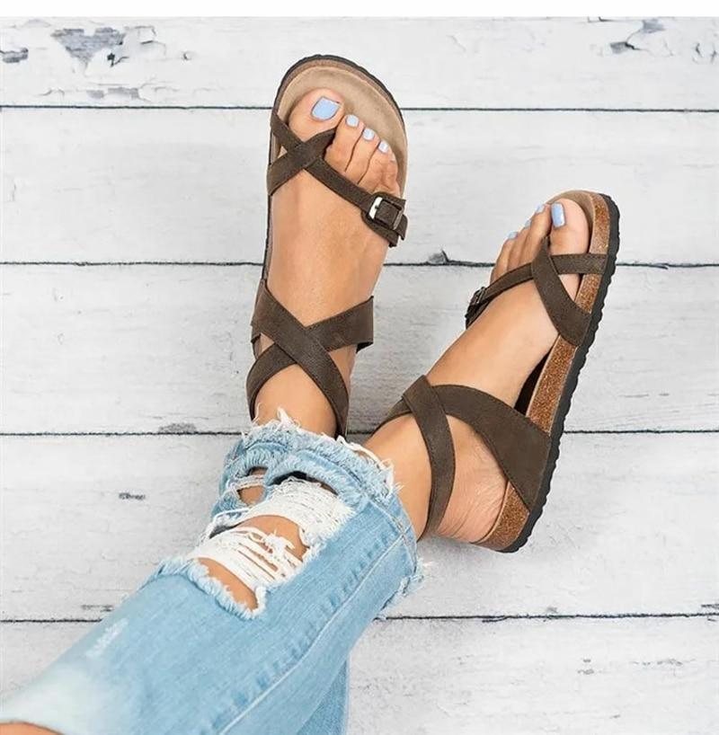 W&W Mode | Leder Flachsohlen Sandalen Flip Flop Gürtel Schnalle Rom Stil