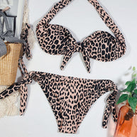 WW | Leopardenmuster Schleifen Bandeau Brasilianischer Zweiteiliger Bikini Badeanzug