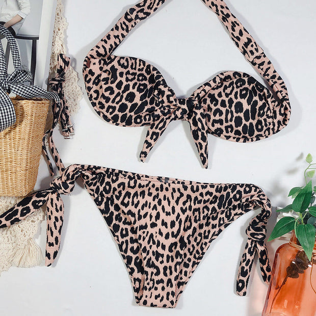 WW | Leopardenmuster Schleifen Bandeau Brasilianischer Zweiteiliger Bikini Badeanzug