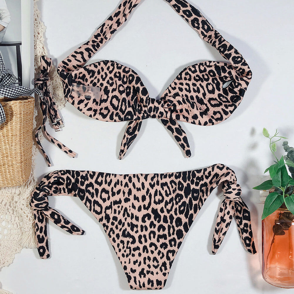 WW | Leopardenmuster Schleifen Bandeau Brasilianischer Zweiteiliger Bikini Badeanzug