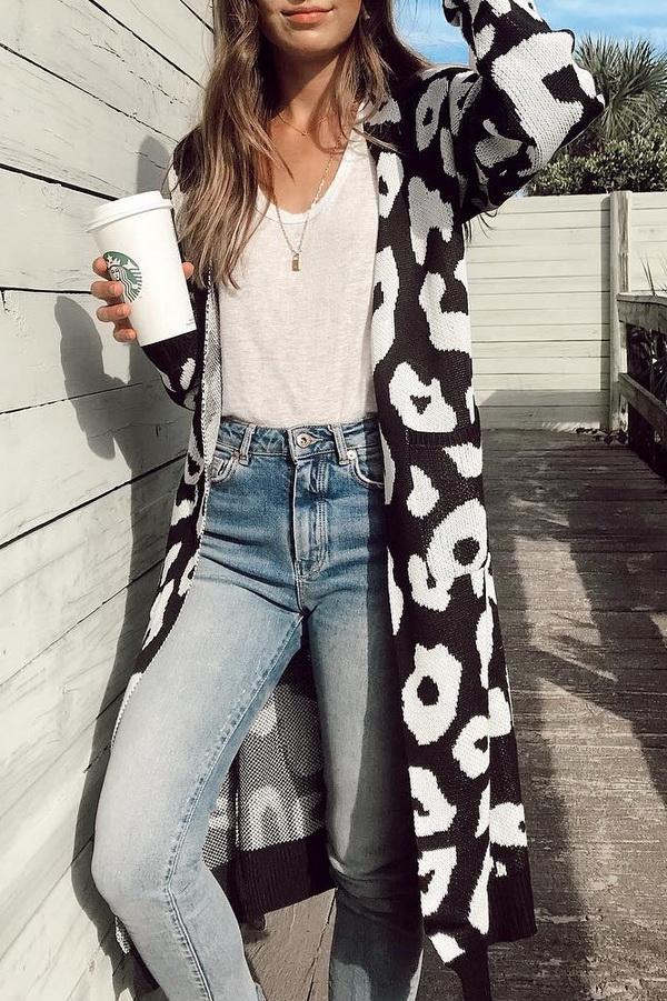 W&W Mode Leopardenprint Lange Sweaterjacke