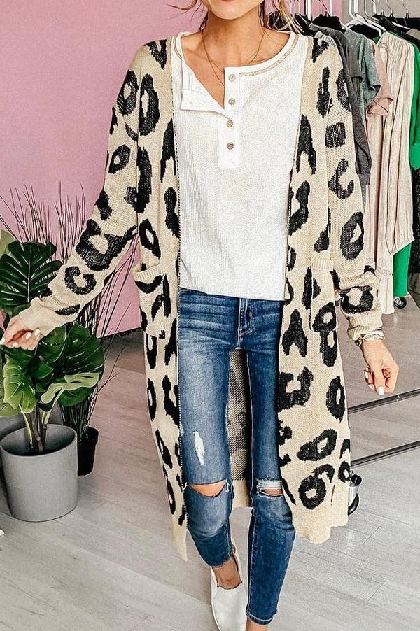 WW Leopardenprint Lange Sweaterjacke