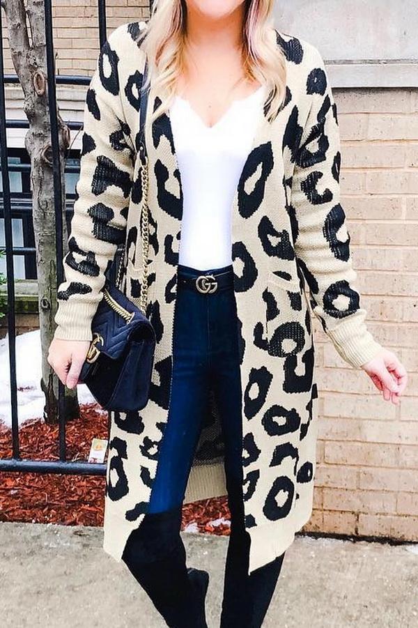 W&W Mode Leopardenprint Lange Sweaterjacke